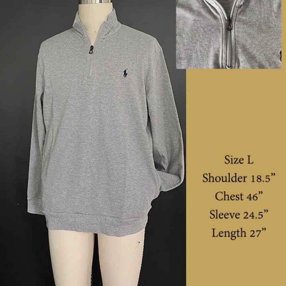 POLO‎ Ralph Lauren Cotton Men's Pullover Zip Long Sleeve Polo, Gray, Large